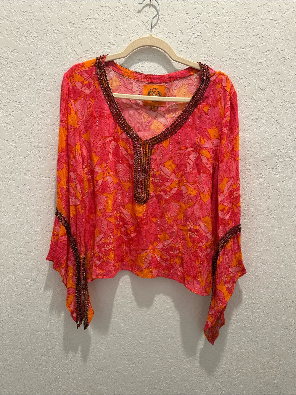 Coniglio Palm Beach Boho Beaded V-Neck Tunic style Top in Pink and Orange